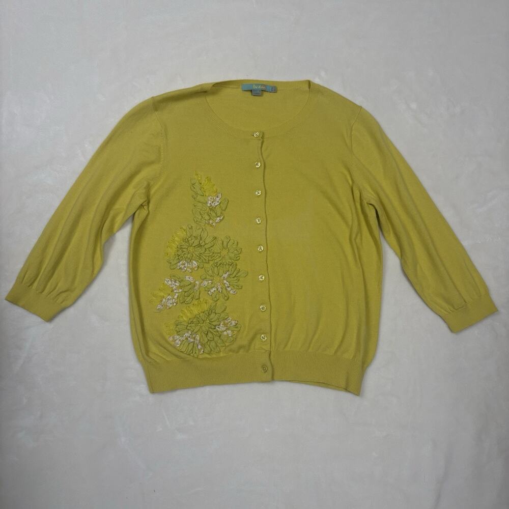 Boden Yellow Floral Applique Cardigan Cotton Sweater US 12 Spring Embellished
